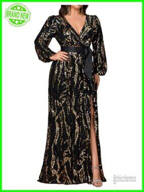 Plus Size Long Sleeve Sequin V-Neck High Slit Oversized Formal Evening Dress
